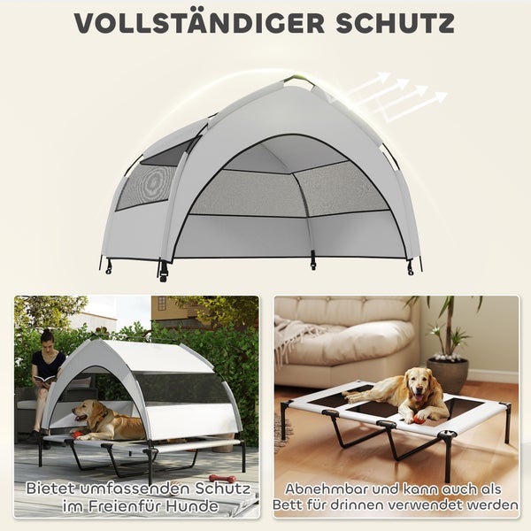 Erhöhtes Hundebett mit abnehmbarem Sonnenschutzdach für den Innenbereich und Außenbereich.