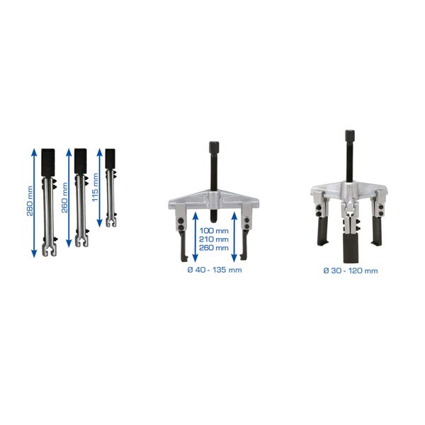 Abbildung von einem Abzieher Satz mit den Maßen 280 mm, 260 mm und 115 mm, sowie zwei und drei armigen Abziehern mit Spannbereichen von 40 bis 135 mm und 30 bis 120 mm