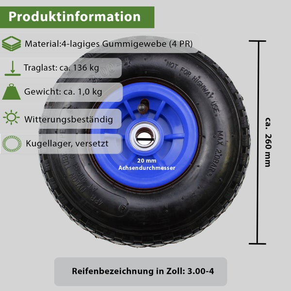 Produktinformationen eines luftgefüllten Sackkarrenrads mit 260 Millimeter Durchmesser, 20 Millimeter Achsdurchmesser und 136 Kilogramm Traglast.