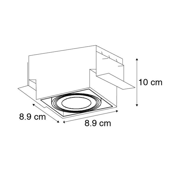 Maßzeichnung einer quadratischen Einbauleuchte mit den Maßen 8,9 Zentimeter mal 8,9 Zentimeter und einer Höhe von 10 Zentimeter.