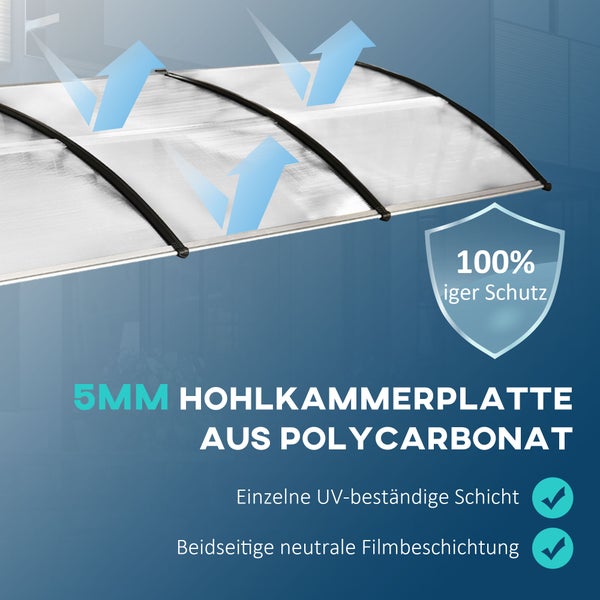 Outsunny Vordach für Haustür Überdachung 90 x 295 cm, Pultbogenvordach mit UV-Schutz, Haustürdach Sonnenschutz aus Polycarbonat Regenschutz für Outdoor, Weiß