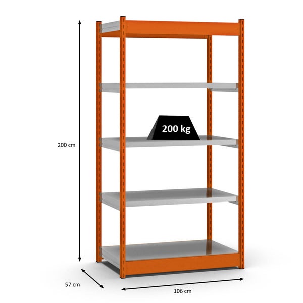 PROREGAL Fachbodenregal Stecksystem Vierkant-Profil Grundregal HxBxT 200 x 102,5 x 50 cm 5 Ebenen Einseitige Bauart Fachlast 200 kg Orange