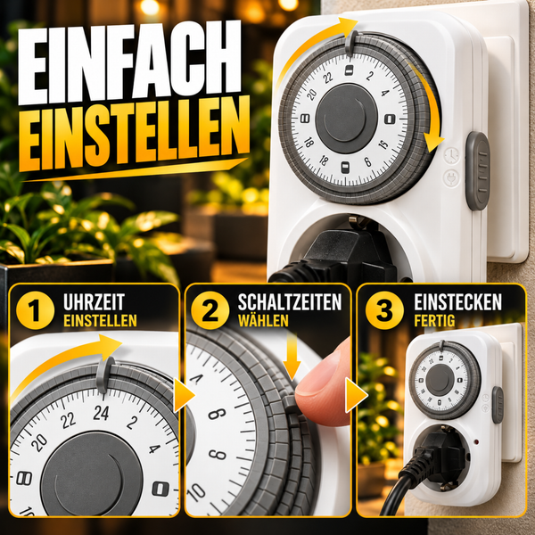 Zeitschaltuhr fuer Steckdosen mit analoger 24 Stunden Einstellscheibe und drei Schritten zur einfachen Bedienung an einer Wandsteckdose.