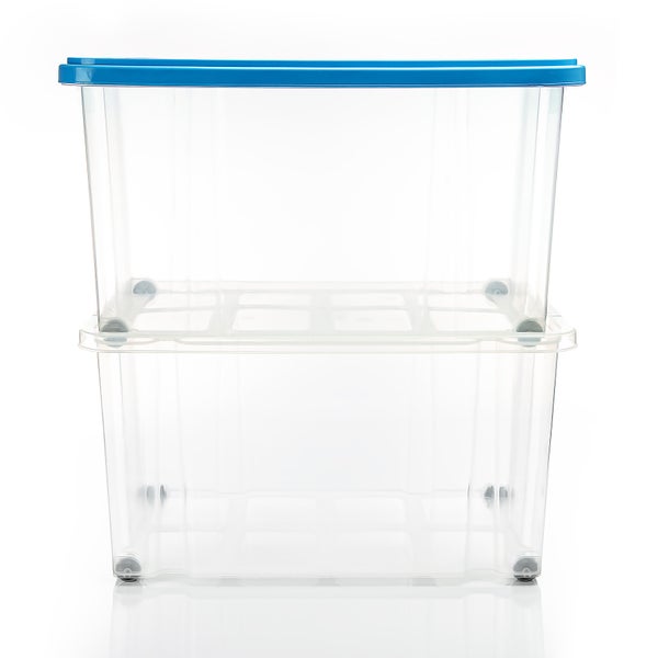 BigDean 4 Stück 60 L Aufbewahrungsbox mit Deckel groß azurblau - stapelbare robuste Box BPA-frei - rollbare Stapelbox mit festen Klickverschlüssen - Made in Germany