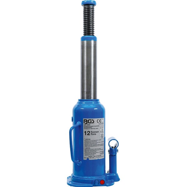 BGS technic Hydraulischer Stempelwagenheber mit 12 Tonnen Tragkraft, Tragegriff und ausgefahrenem Metallkolben.