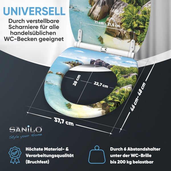 Sanilo WC Sitz mit Strandmotiv, verstellbare Scharniere, bruchfest, belastbar bis 200 Kilogramm, mit Maßangaben für gängige WC Becken.