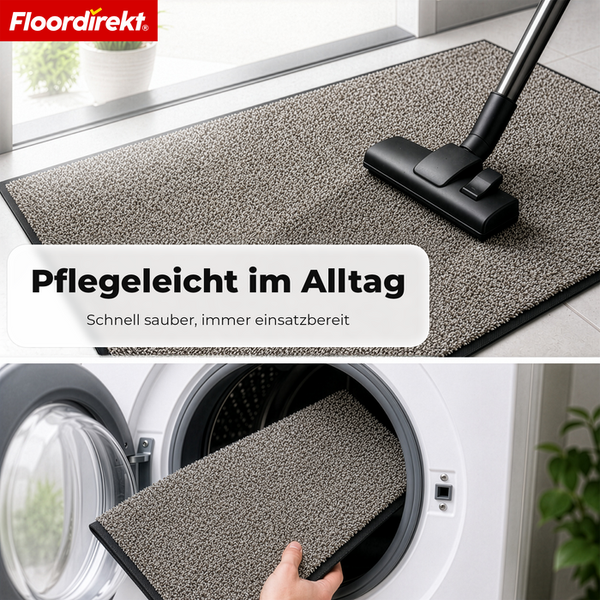 Floordirekt Logo. Eine Schmutzfangmatte wird mit einem Staubsauger gereinigt und in eine Waschmaschine gelegt.