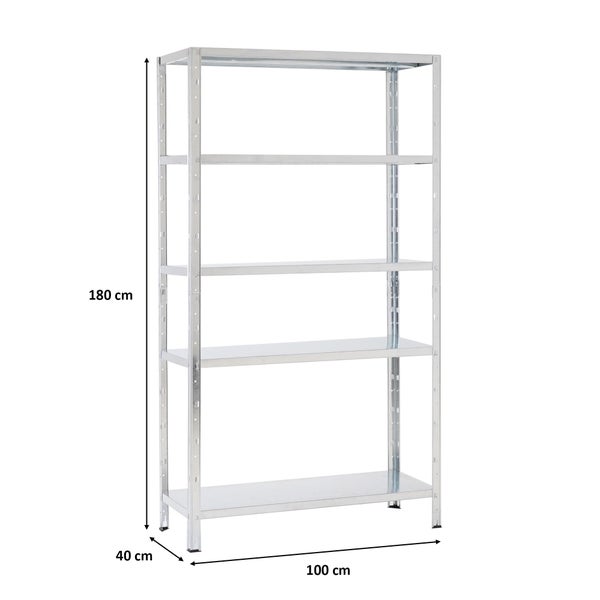Verzinktes Metallregal mit 5 Böden, Höhe 180 Zentimeter, Breite 100 Zentimeter, Tiefe 40 Zentimeter.