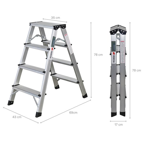PROREGAL Trittleiter 4 Stufen klappbar Alu Stehleiter Aluleiter beidseitig begehbar bis 150kg belastbar 78x43x69cm Aluminium rutschfest Stufenstehleiter leicht Klapptritt Tritthocker
