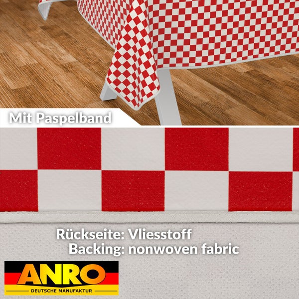 Tischdecke mit rotem und weißem Schachbrettmuster und Paspelband