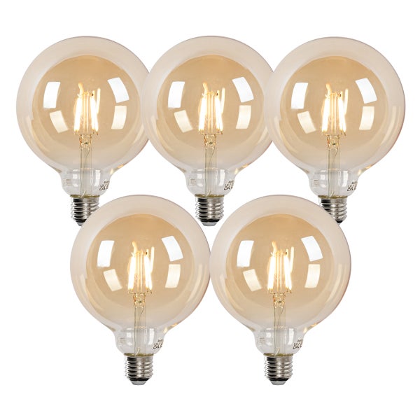 Fünf LED-Filament-Globelampen mit E27-Sockel und bernsteinfarbenem Glas.