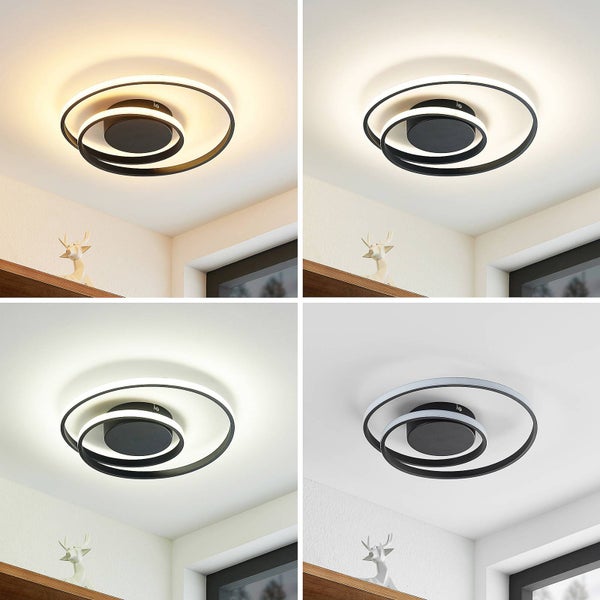 LED-Deckenleuchte im Spiraldesign in Schwarz-Weiß, dargestellt mit Lichttemperaturen von warmweiß bis kaltweiß sowie im ausgeschalteten Zustand.