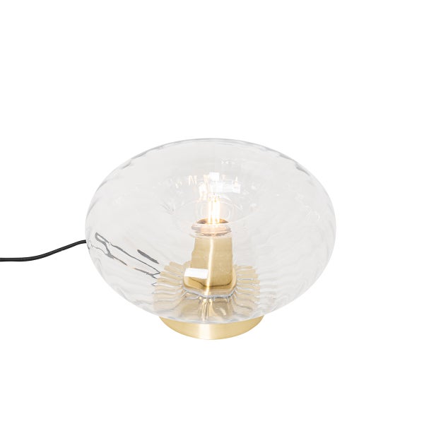 Tischleuchte mit transparentem, strukturiertem Glasschirm und Metallsockel