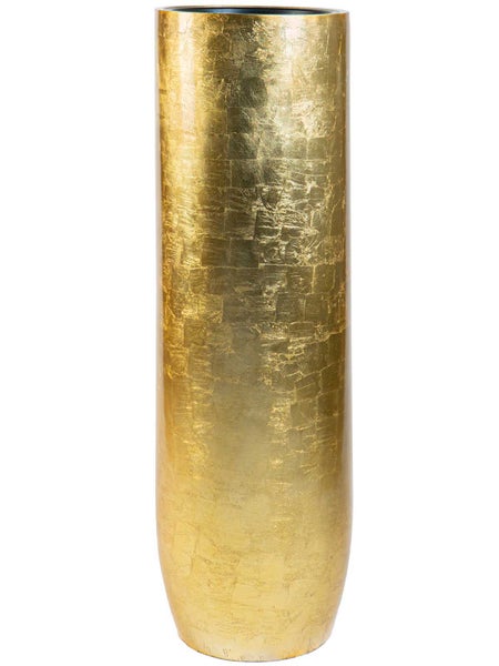 Hohes zylindrisches Pflanzgefäß mit strukturierter Oberfläche in Gold-Optik.