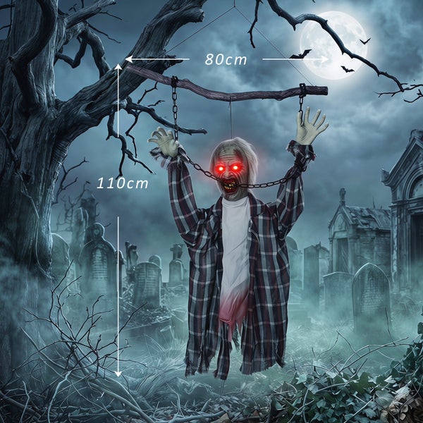 Halloween Deko Zombie Figur zum Aufhängen mit leuchtenden Augen, 110 Zentimeter hoch und 80 Zentimeter breit, für gruselige Dekoration.