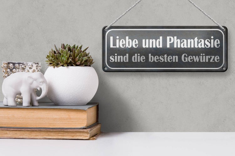 Blechschild Spruch 27x10cm Liebe Phantasie beste Gewürze Dekoration