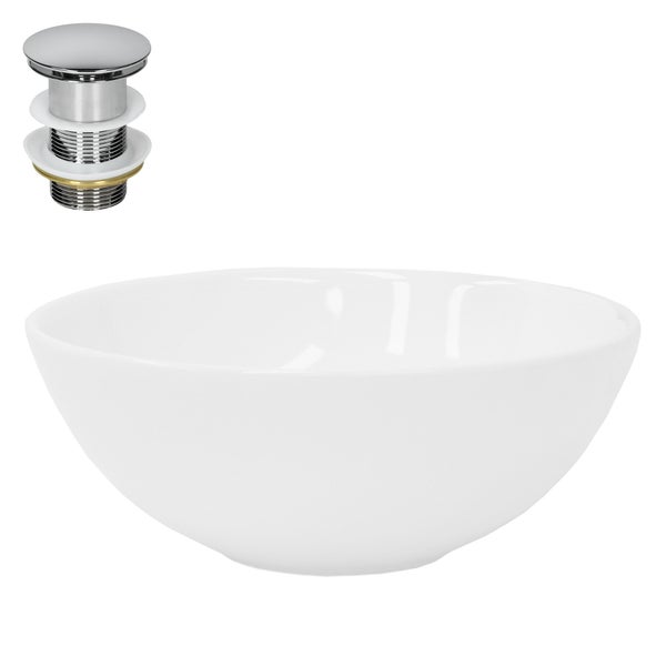 ML-Design Waschbecken aus Keramik in Weiß glänzend Ø 28x11,6 cm inkl. Ablaufgarnitur, Runde Aufsatzwaschbecken ohne Überlauf, Moderne Waschtisch, Waschschale Waschplatz Handwaschbecken, für Badezimmer