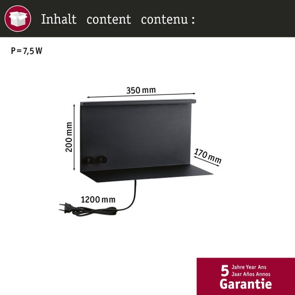 Wandleuchte mit Ablage, 7,5 Watt, Maße 350 mal 200 mal 170 Millimeter, Kabellänge 1200 Millimeter, 5 Jahre Garantie.