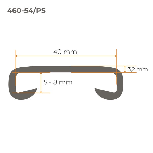 Maßzeichnung eines Profils mit einer Breite von 40 Millimeter, einer Stärke von 3,2 Millimeter und einer Innenhöhe von 5 bis 8 Millimeter.