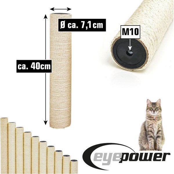 Ersatzstamm für Kratzbäume aus Sisal, Länge circa 40 Zentimeter, Durchmesser circa 7,1 Zentimeter, M10-Gewinde, eyepower Logo.