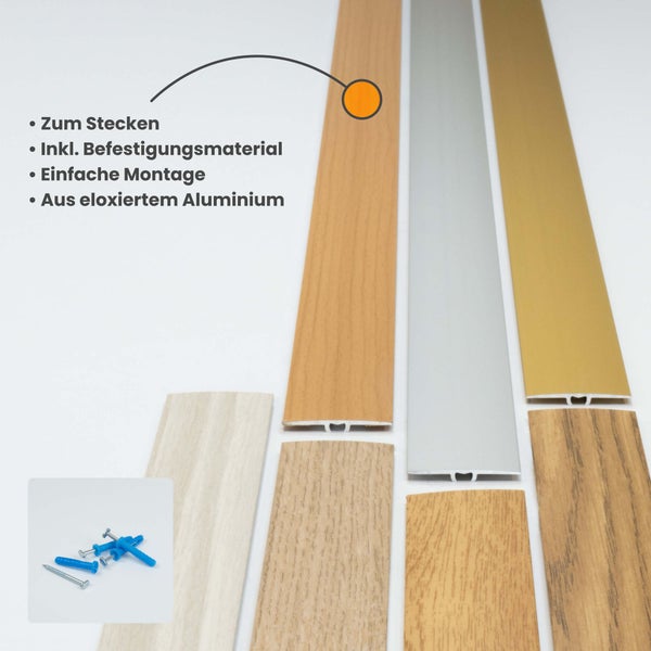 Übergangsprofile aus eloxiertem Aluminium in verschiedenen Dekoren zum Stecken inklusive Schrauben und Dübeln.