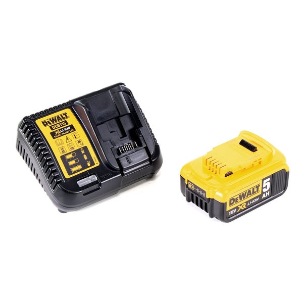 DeWalt Akku-Ladegerät DCB115 und ein DeWalt 18 Volt Lithium-Ionen-Akku mit 5 Amperestunden.
