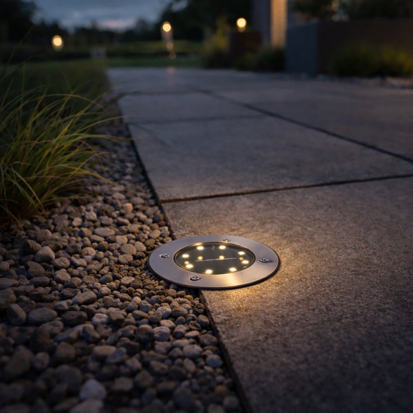 Solar-Bodeneinbauleuchte aus Edelstahl auf einem Gartenweg mit Steinplatten und Kies bei Dämmerung.