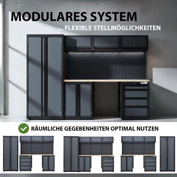 Modulares Werkstattsystem mit Schränken, Werkbank und Lochwand