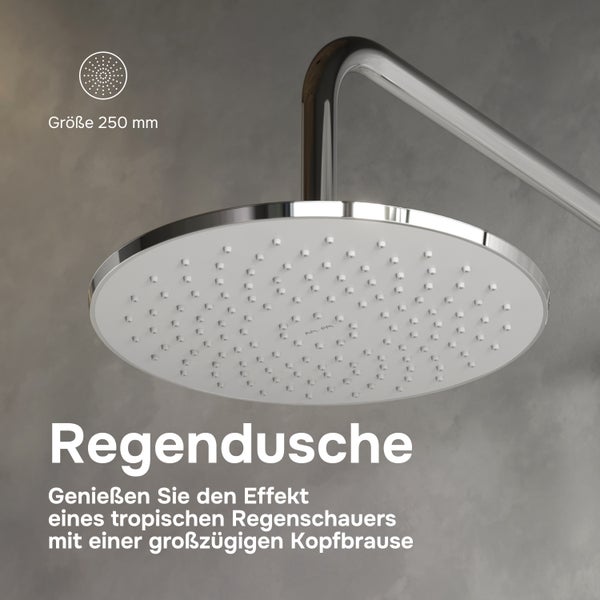 Runde Regendusche mit 250 Millimeter Durchmesser und AM PM Logo an einem Duscharm zur Wandmontage für ein Duscherlebnis wie im Regen.