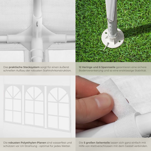Detailansichten eines Gartenpavillons mit Stecksystem, Bodenverankerung, wasserfester Polyethylenplane und Klettverschluss zur Befestigung.