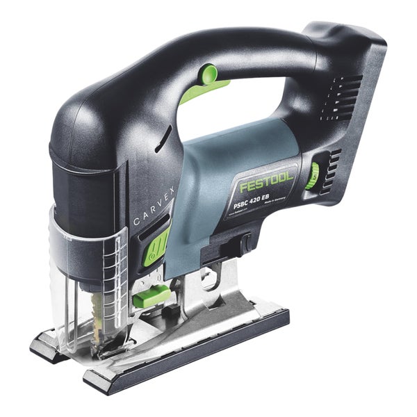 Festool Akku-Pendelstichsäge Carvex PSBC 420 EB mit ergonomischem Handgriff und Metallgrundplatte.