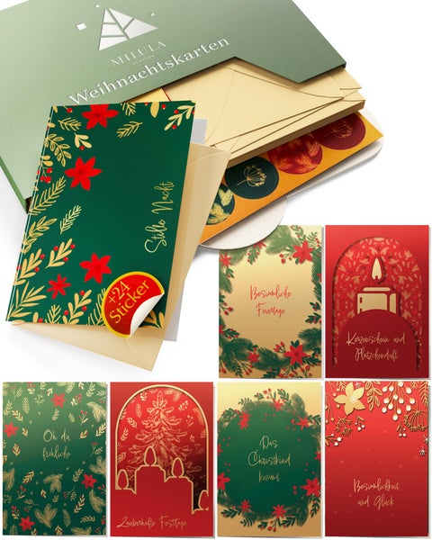Milula Studios 14 Weihnachtskarten mit Umschlag Set - Adventskarten A6 - Karten Weihnachten Set - Weihnachtskarte zum Aufklappen - Weihnachtspostkarten Set für Weihnachten