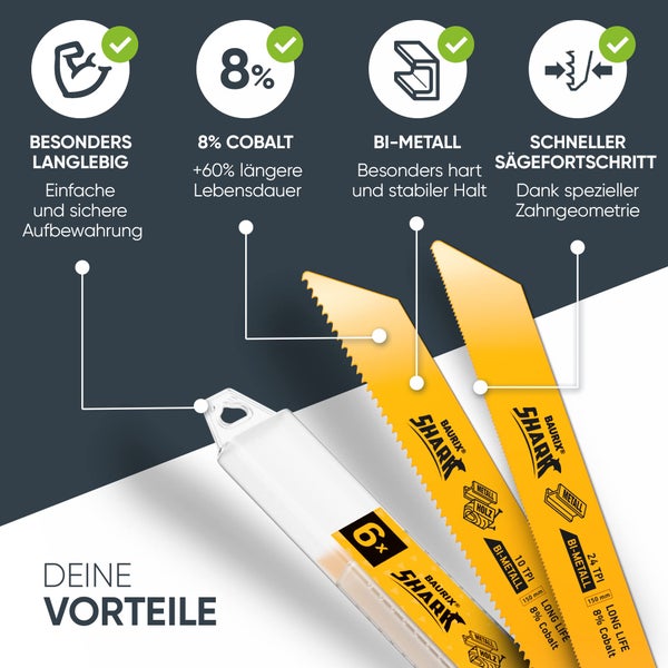 BAURIX® [LONG LIFE] Säbelsägeblätter, 6 Stück, 150 mm, 5/8 bis 24 TPI, Holz mit Nägeln, Metall, Kunststoff, Sägeblatt Säbelsäge für schnelle und saubere Schnitte
