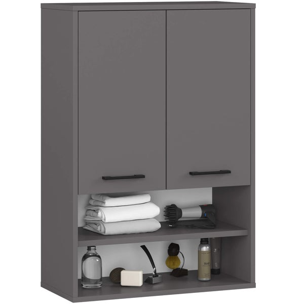 Grauer Badezimmerschrank mit zwei Türen und offenen Regalen zur Aufbewahrung von Badutensilien.