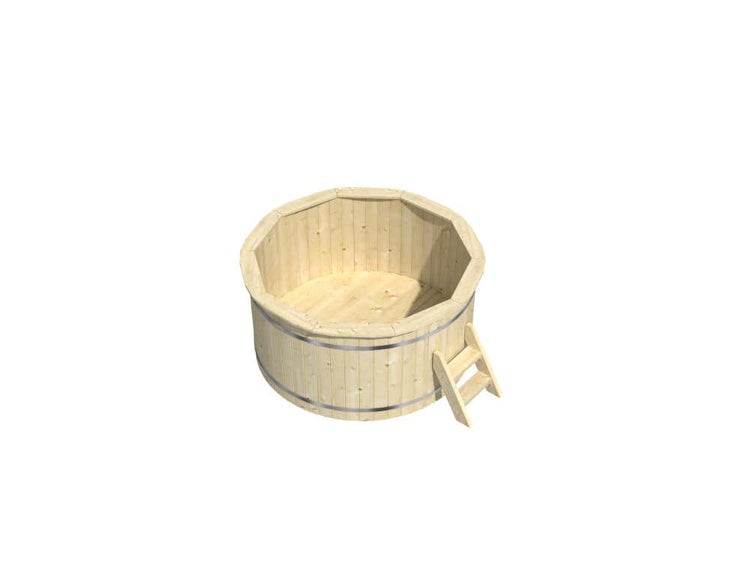 Badezuber aus hellem Holz mit kleiner Leiter und Metallringen.