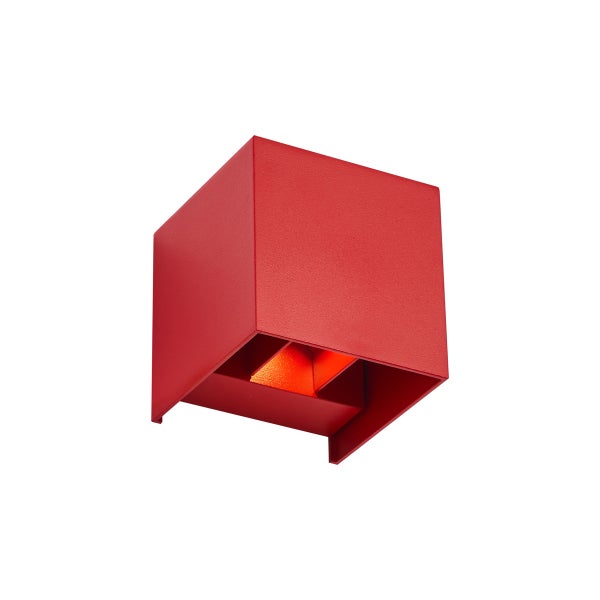 Rote würfelförmige Wandleuchte aus Metall mit Up-and-Down-Lichteffekt.