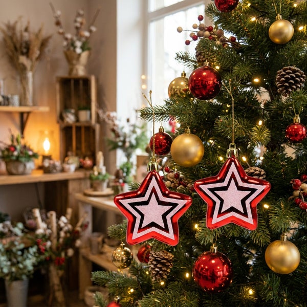 Weihnachtsbaum mit sternförmigem Christbaumschmuck in Rot und weiteren Ornamenten sowie einer Lichterkette in einem weihnachtlich dekorierten Raum