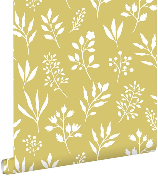 ESTAhome Tapete Blumenmuster im skandinavischen Stil Ockergelb - 53 cm x 10.05 m - 139086