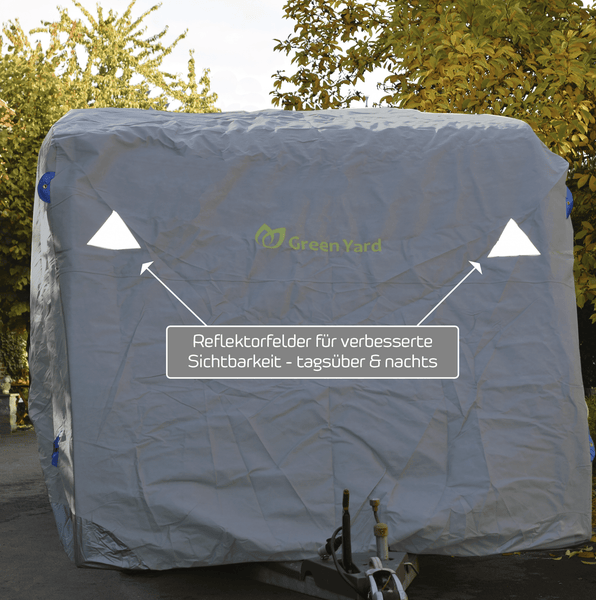 GreenYard® Wohnwagen Abdeckplane mit Reflektoren Größe XL | 670 x 250 x 220 cm