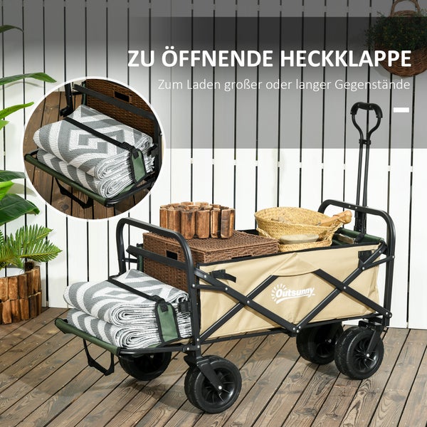 Outsunny Bollerwagen Klappbarer Lastenwagen, Transportwagen mit Griff, Strandwagen, Gartenwagen mit Tragetasche, max. 100 kg Belastbar, Oxford, Khaki