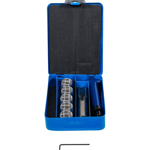 Gewindereparatur-Satz im blauen Kasten mit Werkzeugen und Einsätzen
