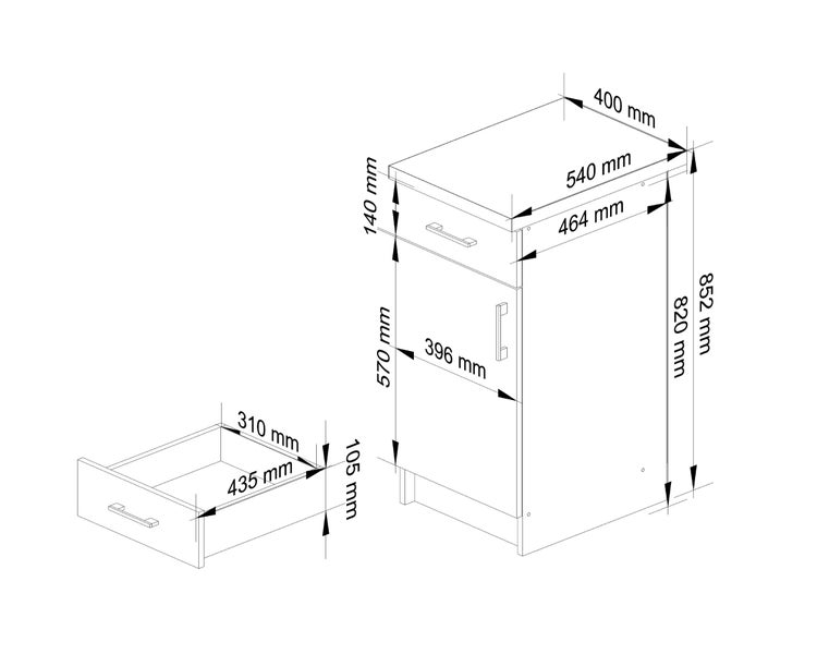 Technische Zeichnung eines Badezimmerunterschranks mit Schublade und Abmessungen