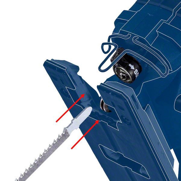 Detailansicht einer Stichsäge beim Einsetzen des Sägeblatts