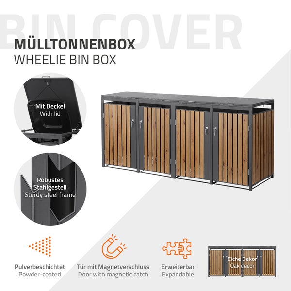 Mülltonnenbox für vier Tonnen mit Stahlgestell, Eichen-Dekor und Deckel, pulverbeschichtet, Türen mit Magnetverschluss, erweiterbar.
