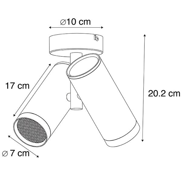 Technische Zeichnung einer Deckenleuchte mit zwei Strahlern und Maßangaben