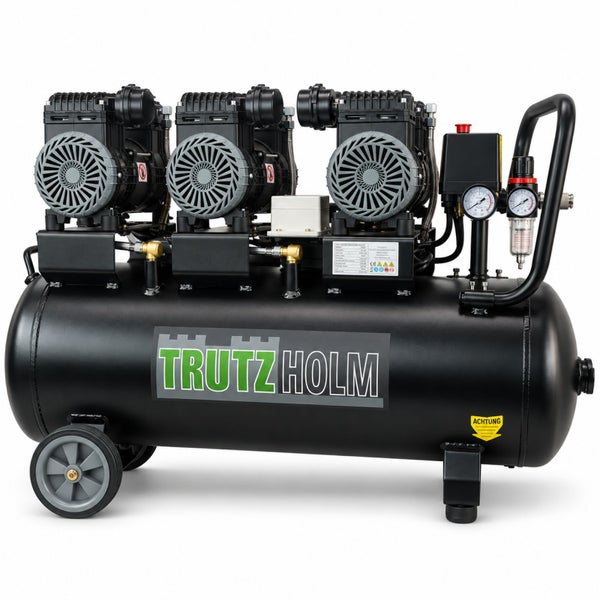 Trutz Holm Kompressor mit drei Motoren und Druckkessel auf einem fahrbaren Untergestell mit zwei Manometern und Tragegriff