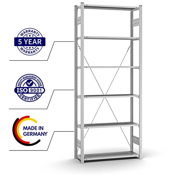 PROREGAL Profi Lagerregal Stecksystem T-Profil Grundregal HxBxT 250 x 100 x 30 cm Fachlast 125 kg Verzinkt