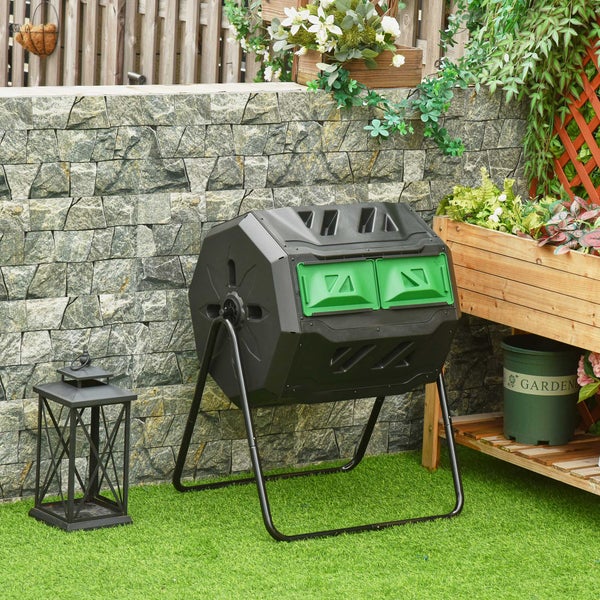 Outsunny Komposter 160L, 71cm x 65cm x 96cm Drehbarer Schnellkomposter aus Kunststoff, Thermokomposter mit 2 Kammer, für Bio- und Garten-Abfälle, Schwarz