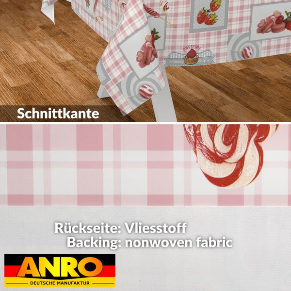 Abwaschbare Tischdecke mit Karomuster und Süßigkeiten-Motiven, Schnittkante und Rückseite aus Vliesstoff, ANRO Logo.