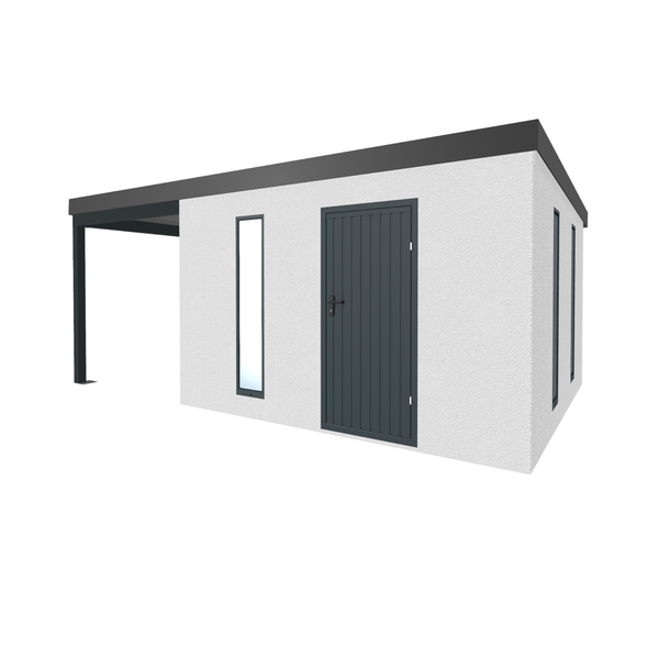 Modernes Gartenhaus mit Überdachung, Tür und Fenstern